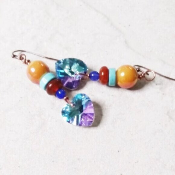 Flashy Crystal Hearts ~ Beaded Stack Earrings! Gift for her! Boho Glam Girlie - Picture 1 of 8